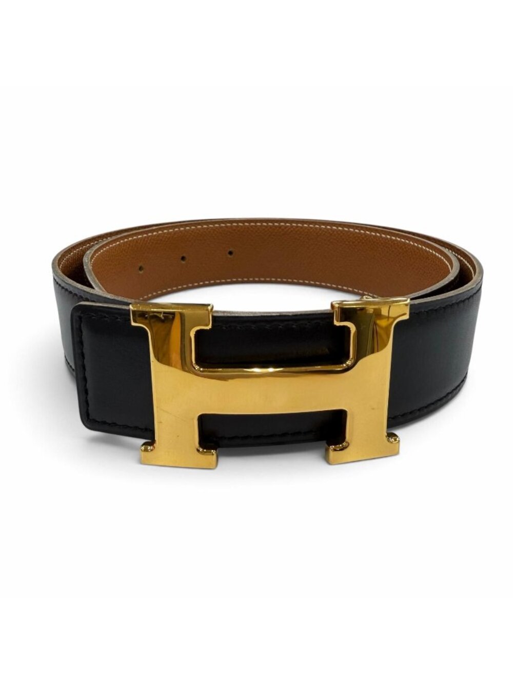 Hermes Vintage Gold Martin Margiela Era H Logo Reversible Leather Belt Black